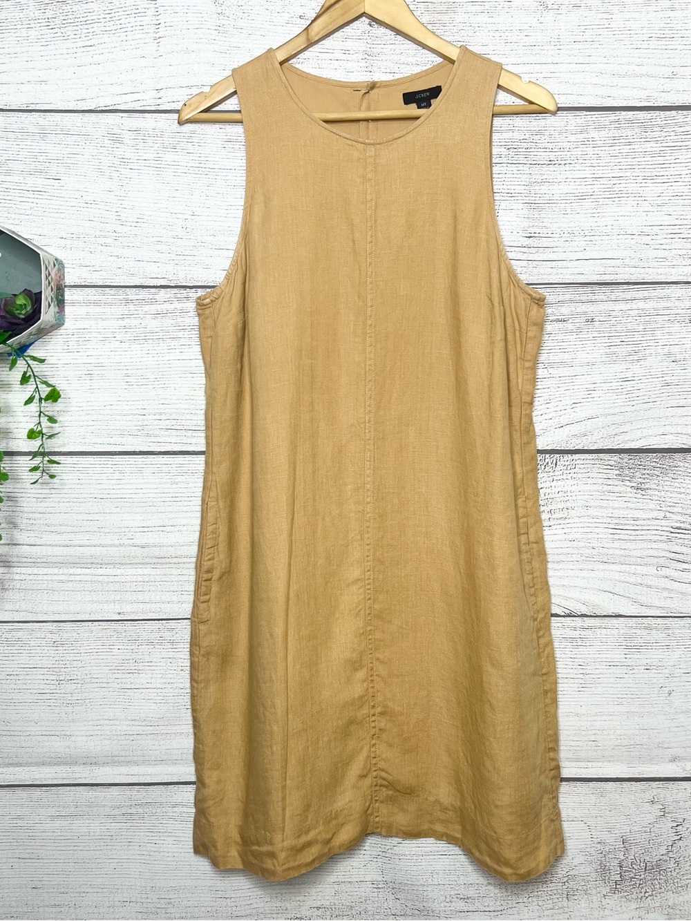 J. Crew Camel Tan Button Back Linen Sleeveless Shift Dress Size MT Medium Tall